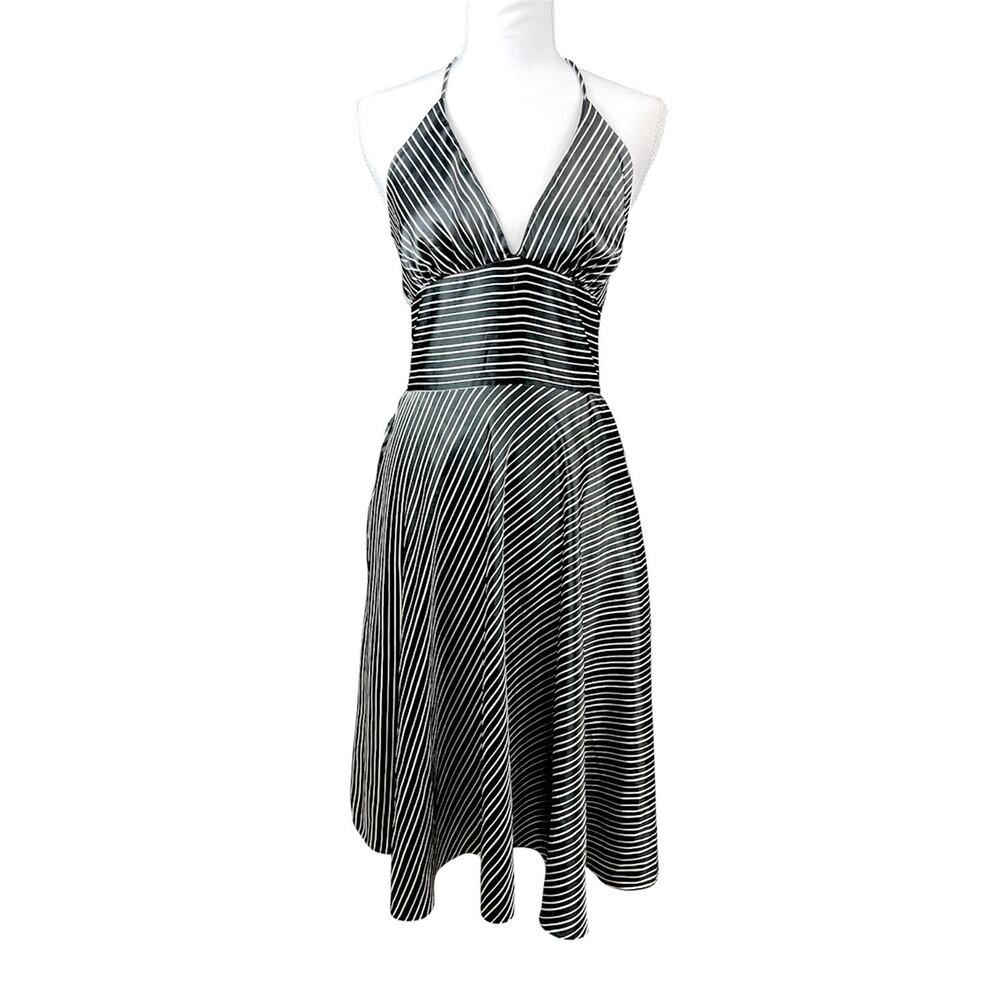 Vintage Y2k Alyn‎ Paige Black Stripe Satin Babydoll Dress Coquette Old Money